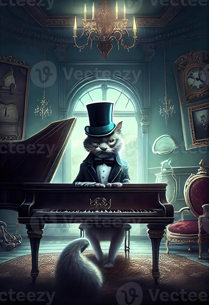 generatief ai illustratie van een surrealistische digitaal kunst van een kat vervelend een top hoed spelen de groots piano foto