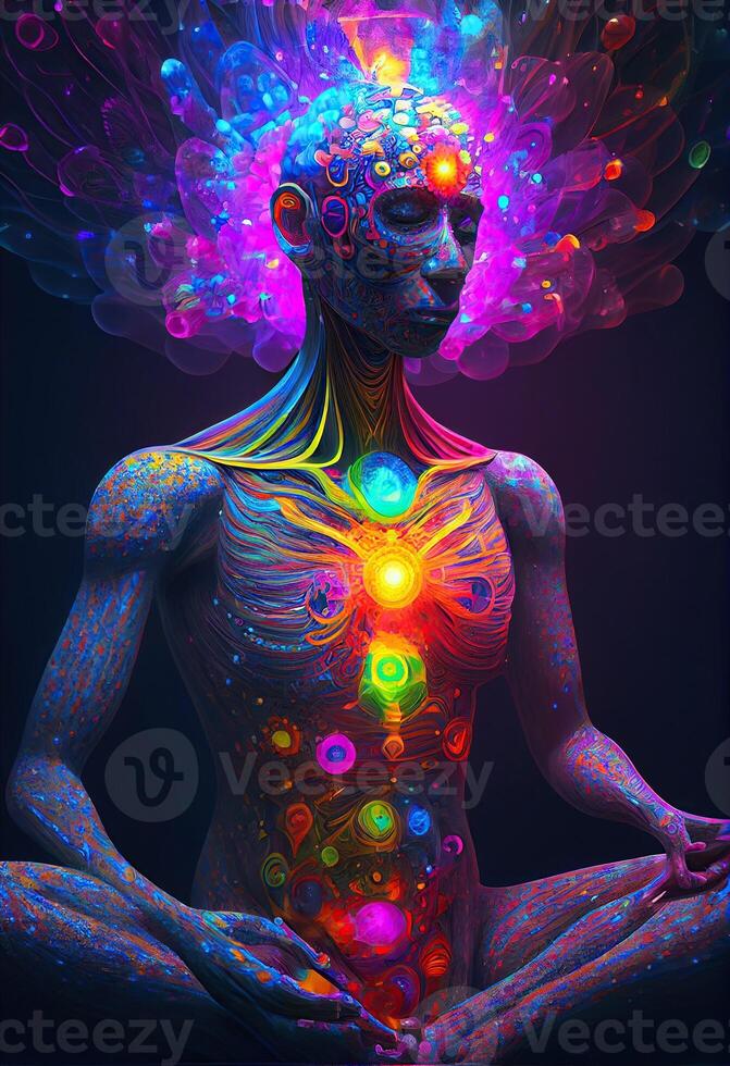 generatief ai illustratie van hoger, yoga kom tot rust kilte uit dmt visioenen geest. 7 gekleurde chakra's meditatie dmt hallucinaties. multiversum verbonden door een nerveus systeem - trippy psychedelisch foto