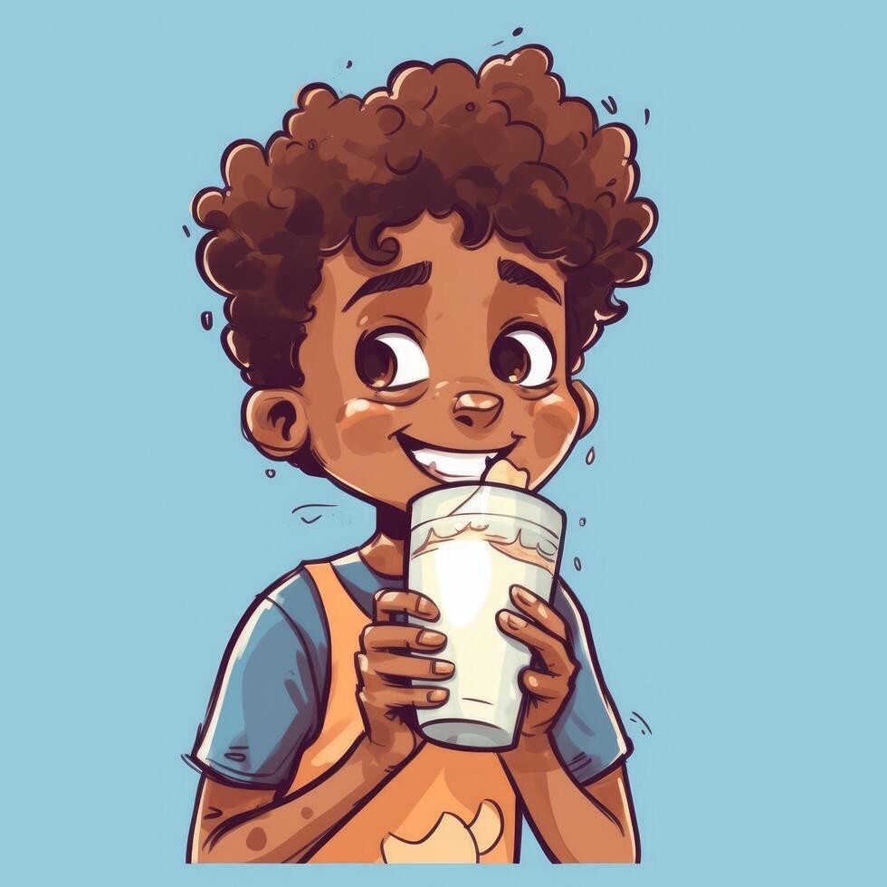 jong jongen drinken melk, tekenfilm illustratie met generatief ai foto