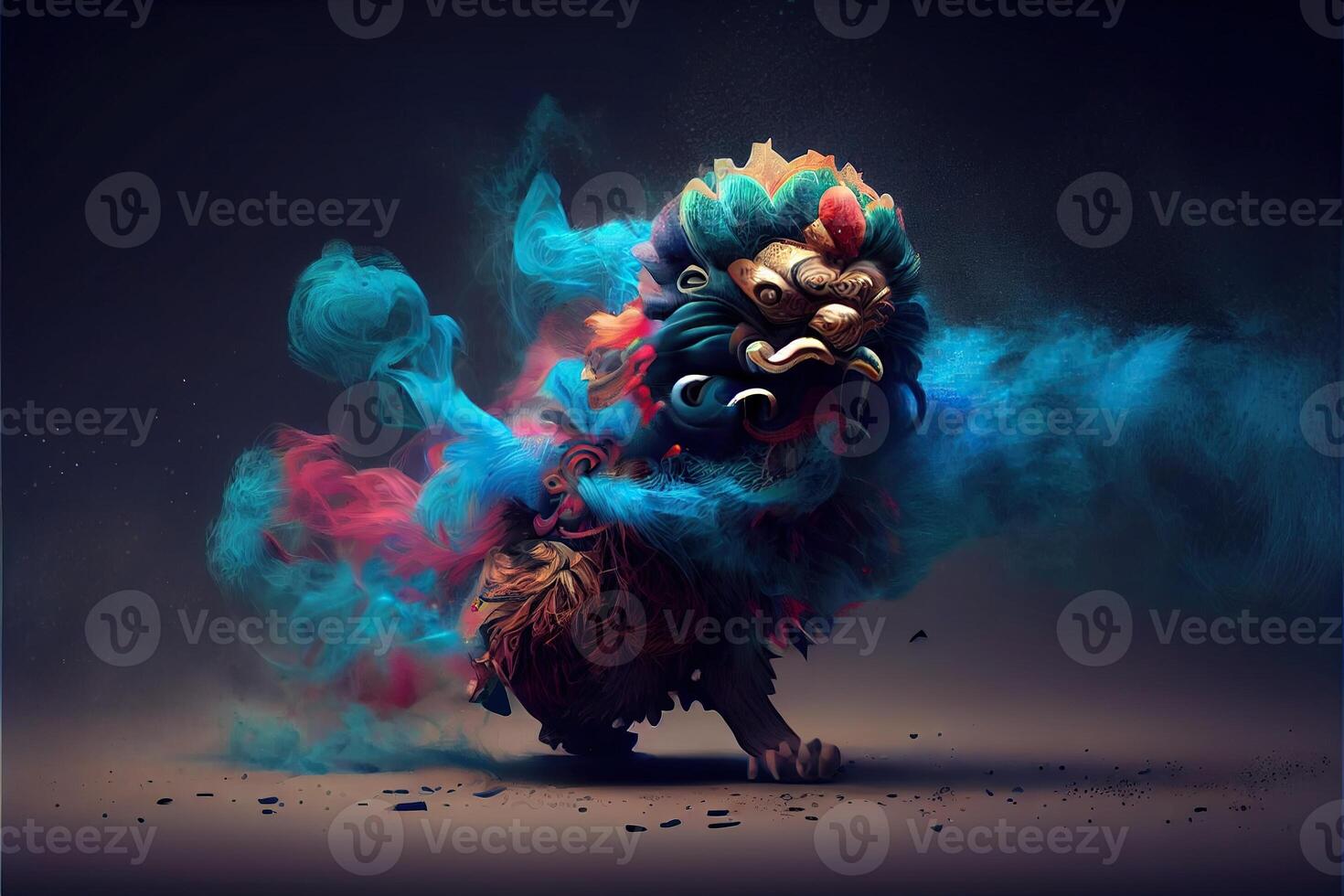 generatief ai illustratie van antropomorf traditioneel Chinese leeuw dans, groot ronde ogen, mollig lichaam, Chinese voorjaar festival, lichtgevend deeltjes, rook foto
