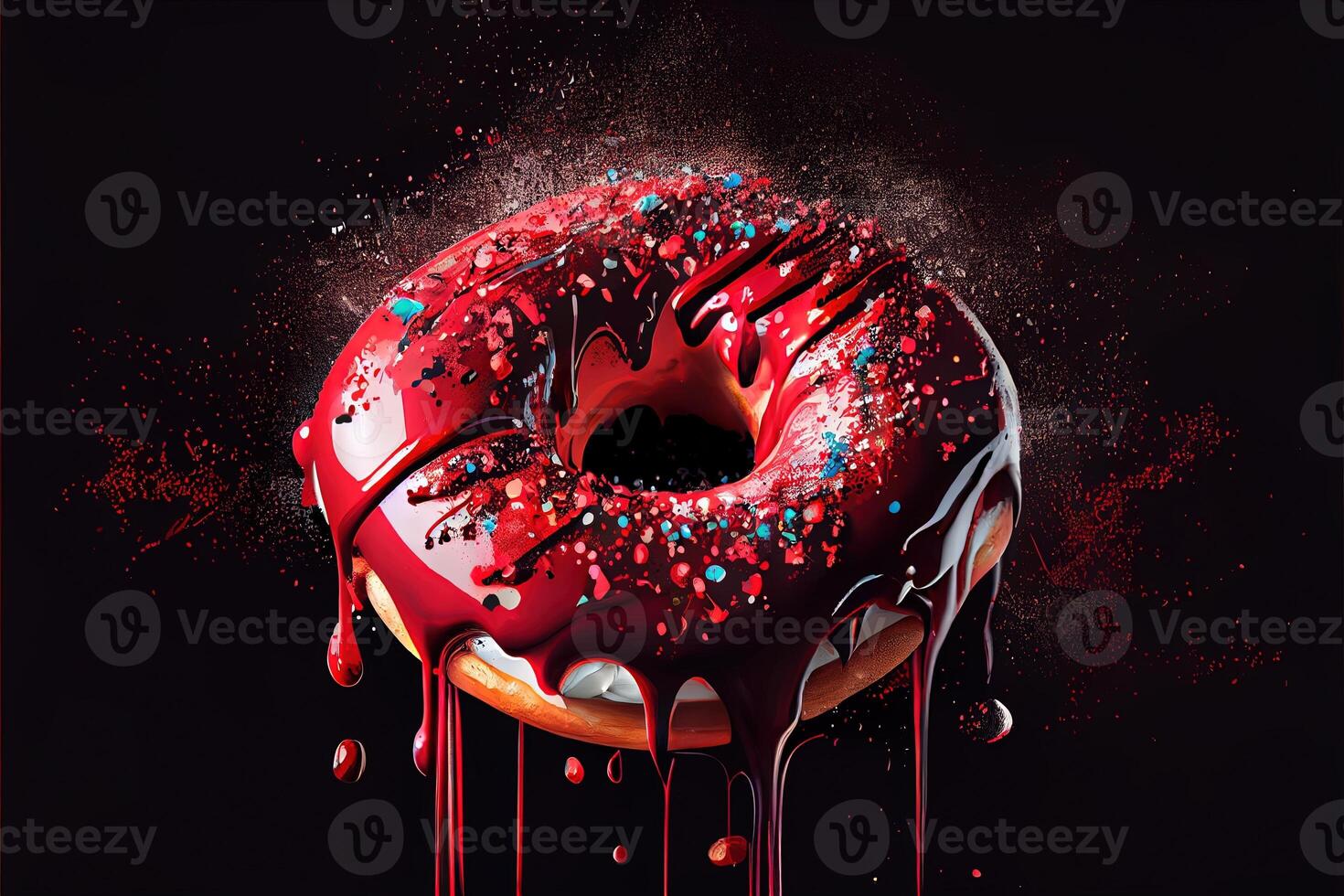 generatief ai illustratie van olie spatten, reusachtig glinsterend donut, donker rood snoep appel, over- top en druipend naar beneden kanten, drijvend in zwart terug druppel. digitaal gegenereerd beeld foto