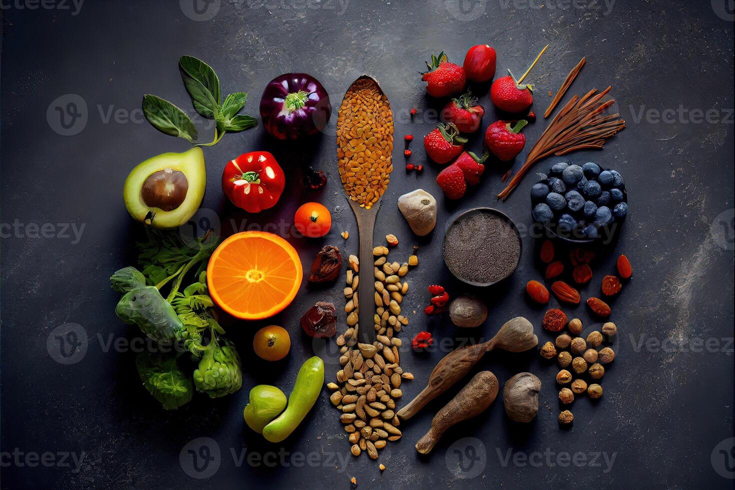 generatief ai illustratie van gezond voedsel schoon aan het eten selectie Aan grijs beton achtergrond foto