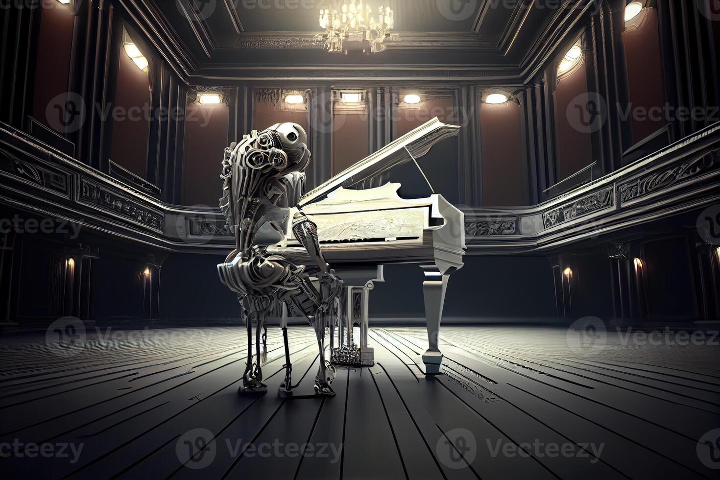 generatief ai illustratie van robot spelen de piano in een groots concert hal foto