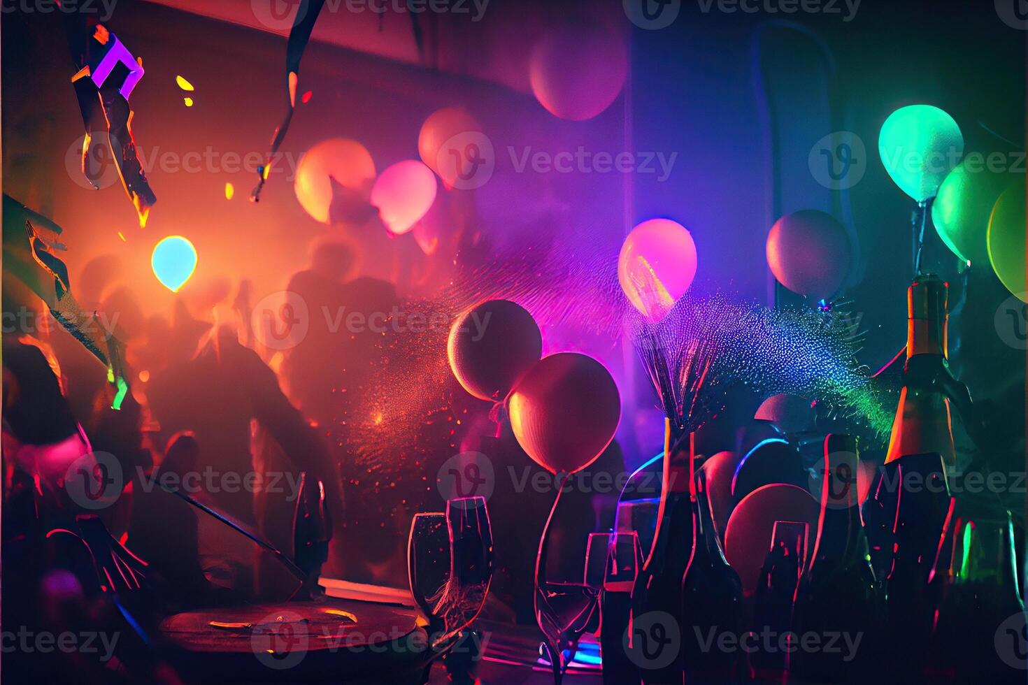 generatief ai illustratie van nieuw jaar vooravond partij achtergrond, knal kleur, groep van mensen dansen en blij, aftellen, neurale netwerk gegenereerd kunst. digitaal schilderen, gegenereerd afbeelding. foto