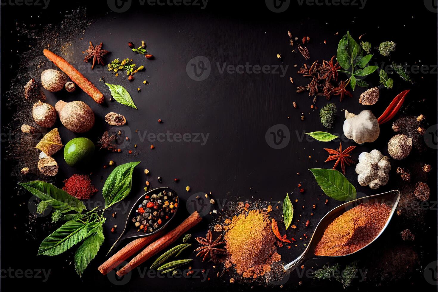 generatief ai illustratie van breed verscheidenheid specerijen en kruiden Aan achtergrond van zwart tafel, met leeg ruimte foto