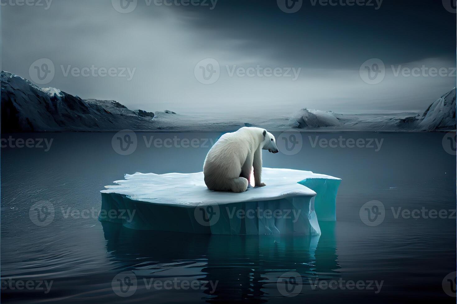 generatief ai illustratie van eenzaam wit beer Aan ijsberg, Aurora lucht foto