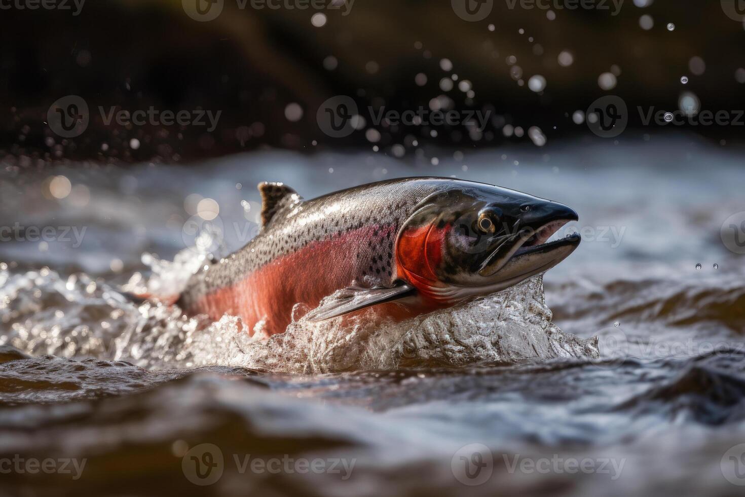 rivier- forel jumping uit van de water van een berg rivier- generatief ai foto