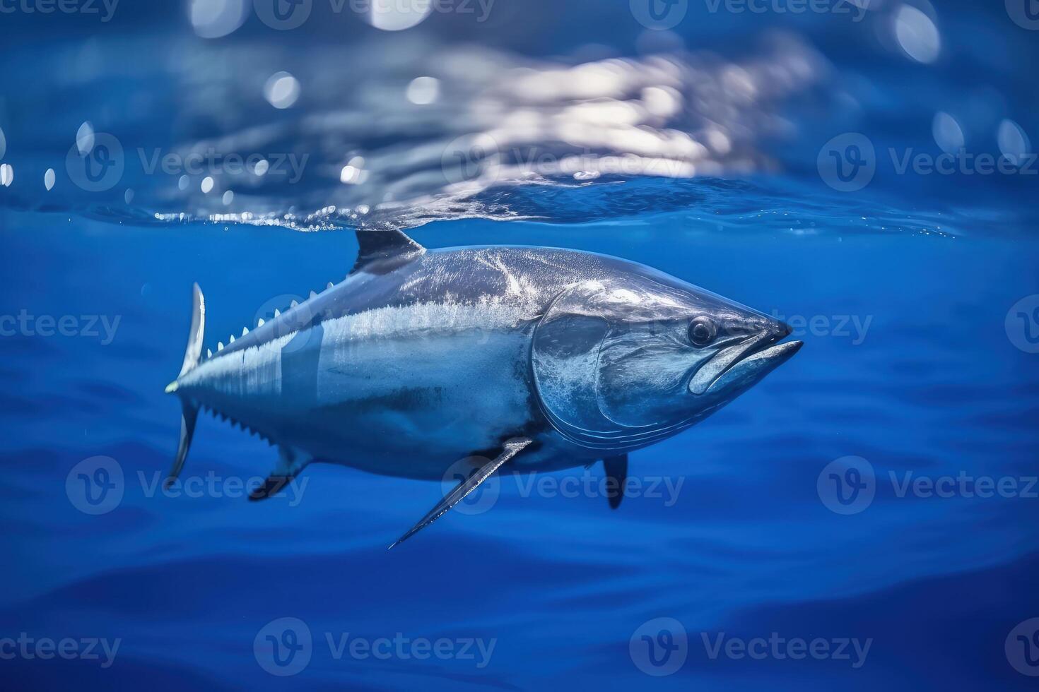 tonijn vis in Doorzichtig blauw oceaan water generatief ai foto