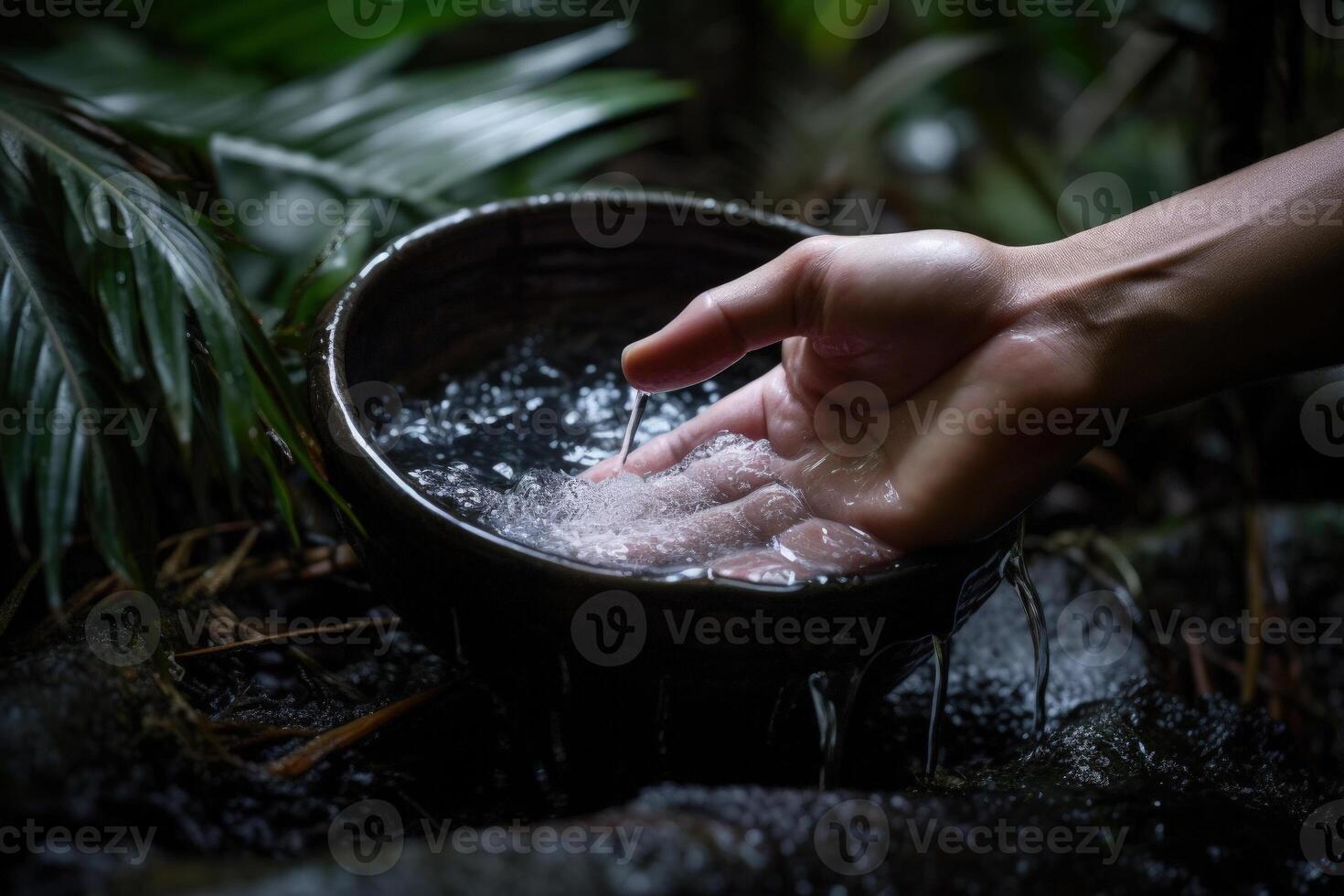 hydraterend de huid oerwoud tropisch water, wassen hand- in een kom van water generatief ai foto