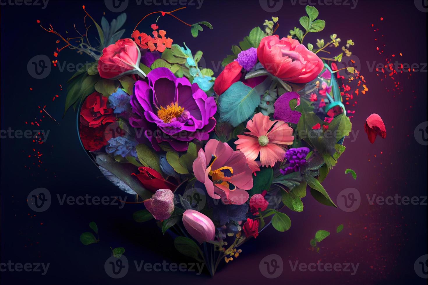 valentijnsdag dag achtergrond, liefde hart vorm maken door roos, kers bloesem, madeliefje bloemen... . neurale netwerk gegenereerd kunst. digitaal gegenereerd afbeelding. niet gebaseerd Aan ieder feitelijk tafereel of patroon. foto