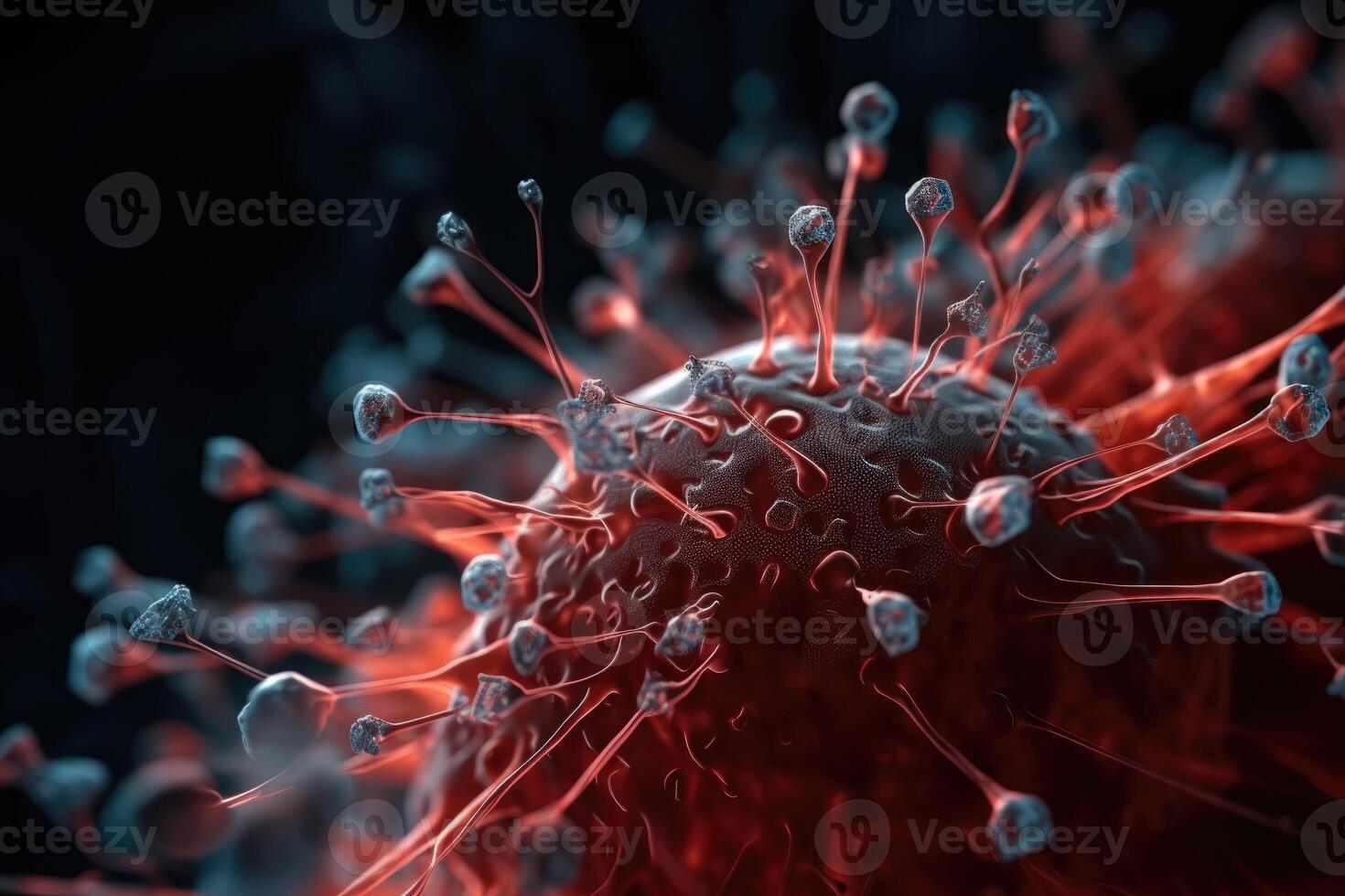microscoop detailopname van de coronavirus covid-19 ziekte. 2019-ncov verspreiden in lichaam cel. 3d renderen van de bacterie Aan een microscopisch niveau. generatief ai foto