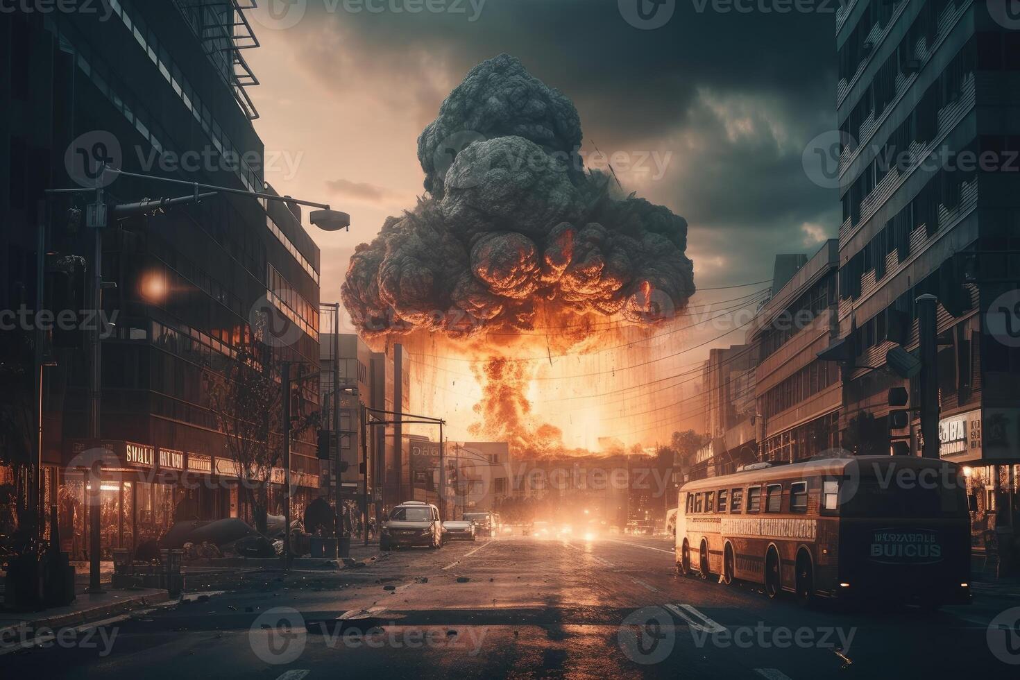 de explosie van de nucleair bom. einde van wereld illustratie. nucleair oorlog bedreiging concept. een modern nucleair bom explosie over- een klein stad. generatief ai foto