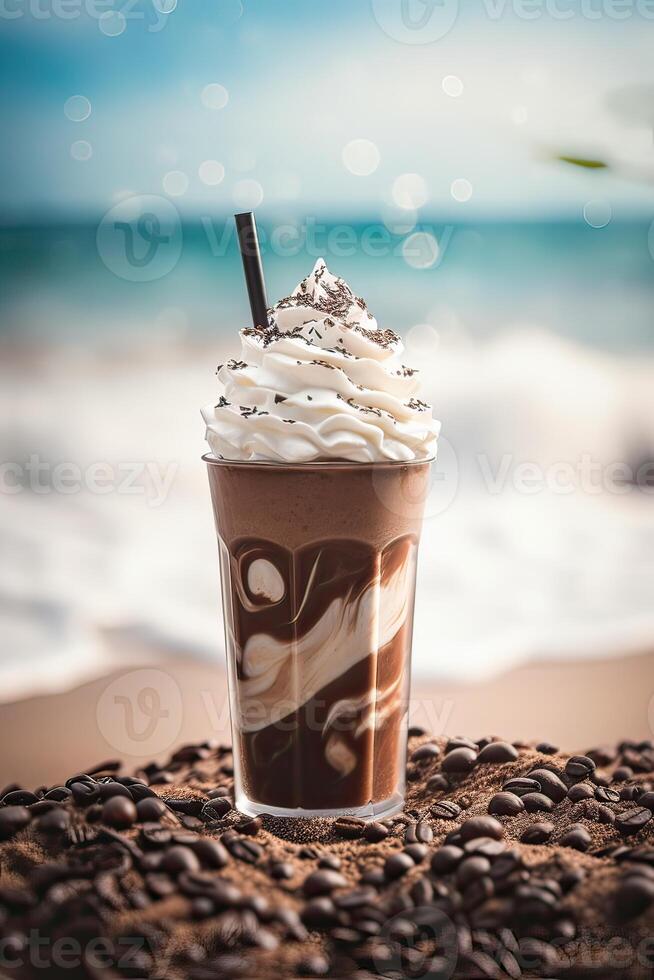 chocola milkshake met ijs room en met geslagen room, heemst, zoet popcorn, koekjes, wafels, geserveerd in glas metselaar kan. generatief ai. foto