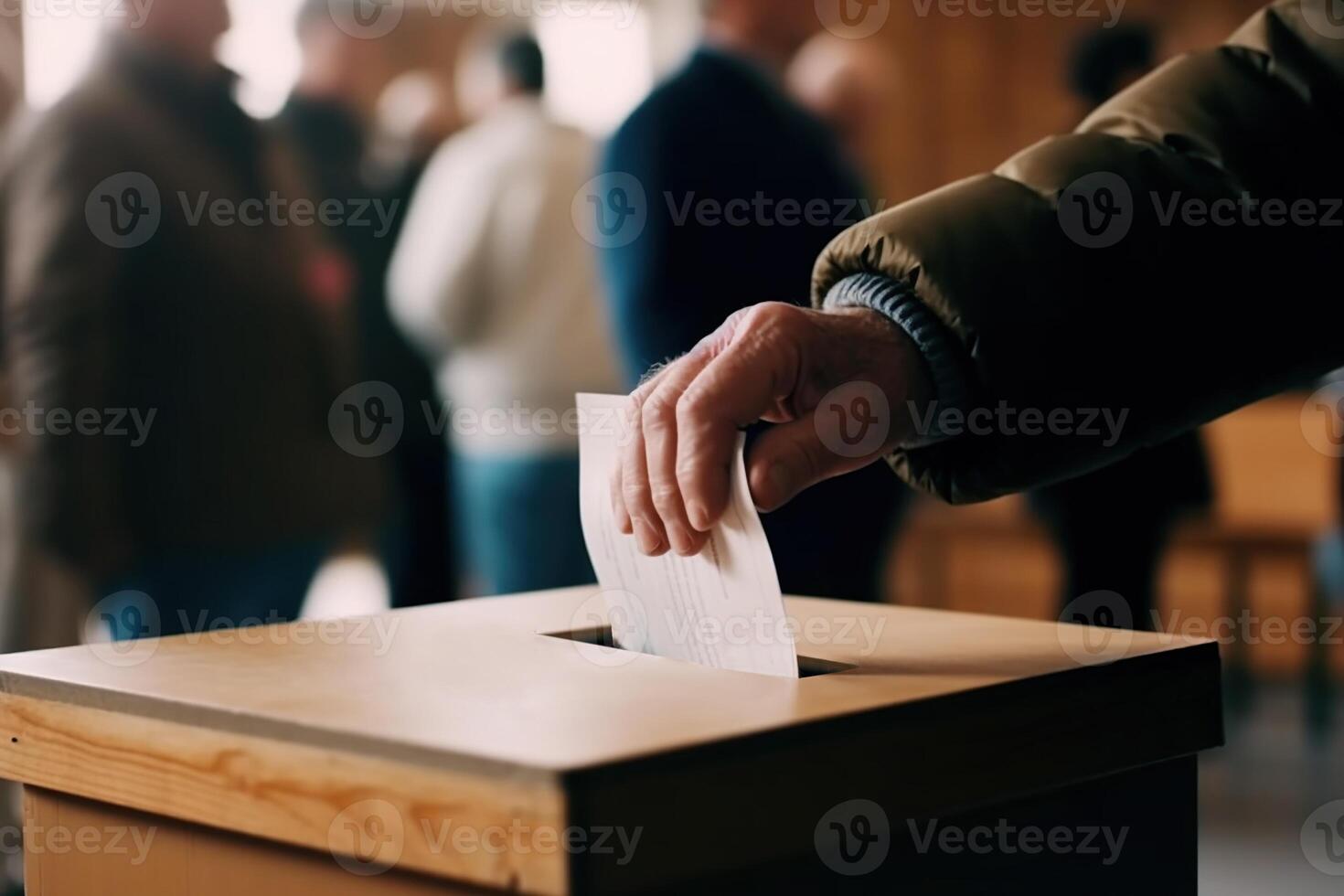 mannetje hand- zetten stemming in verkiezing doos foto