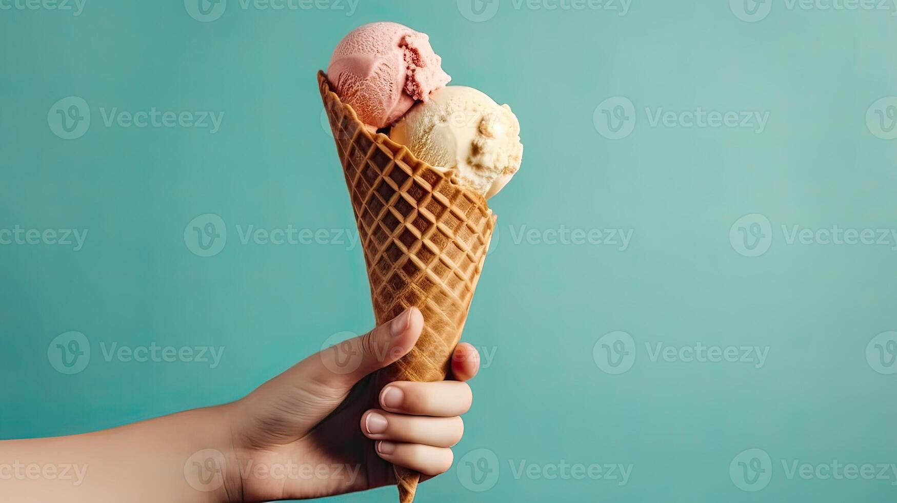 Holding wafel ijshoorntje met smakelijk vanille ijs room Aan kleur achtergrond. generatief ai. foto