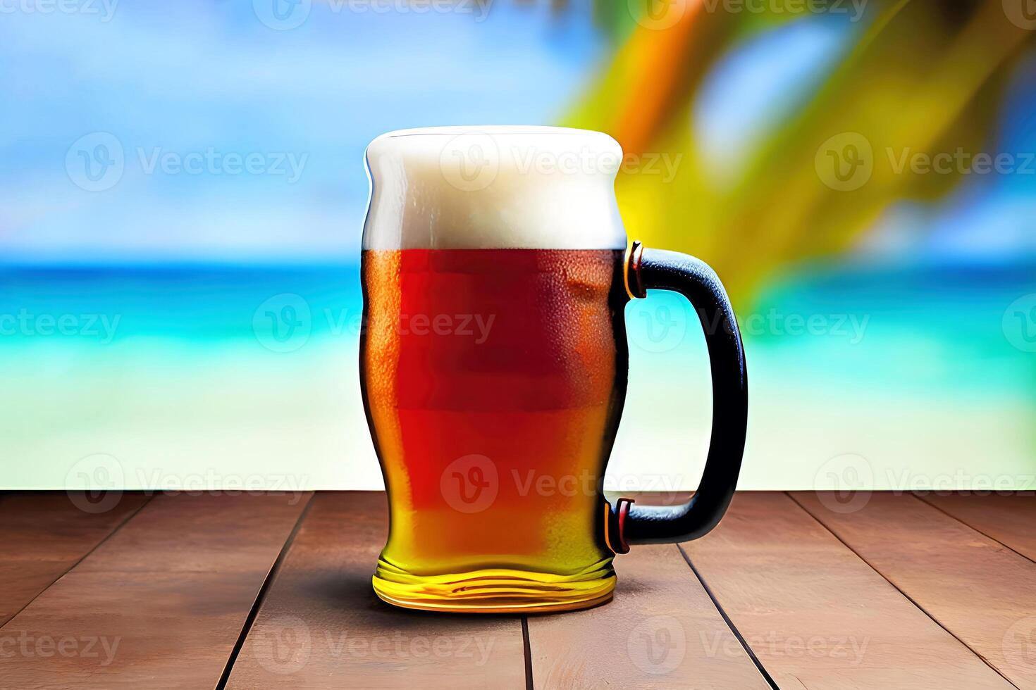 detailopname bier mok met tropisch zomer vervagen strand achtergrond, generatief ai foto