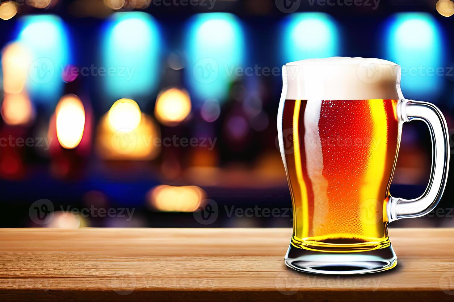 bier in een glas mok met vervagen bar achtergrond, generatief ai foto