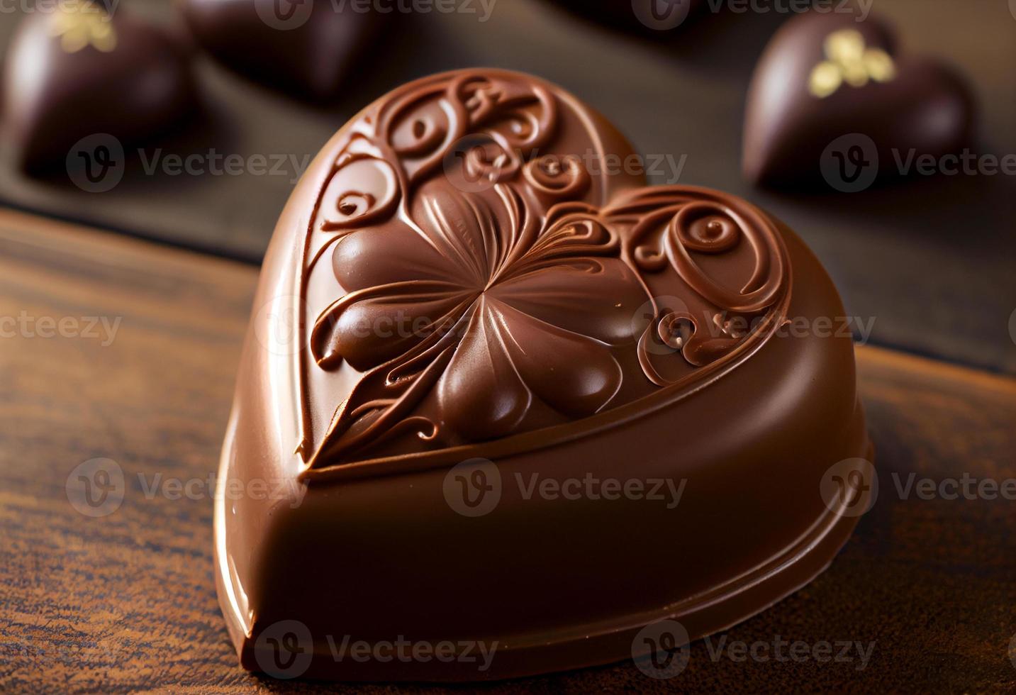 een mooi hartvormig chocola is Aan een tafel. genereren ai. foto