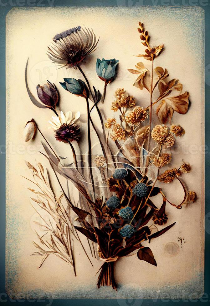 foto droog bloemen en planten over- antiek wijnoogst kaart. genereren ai
