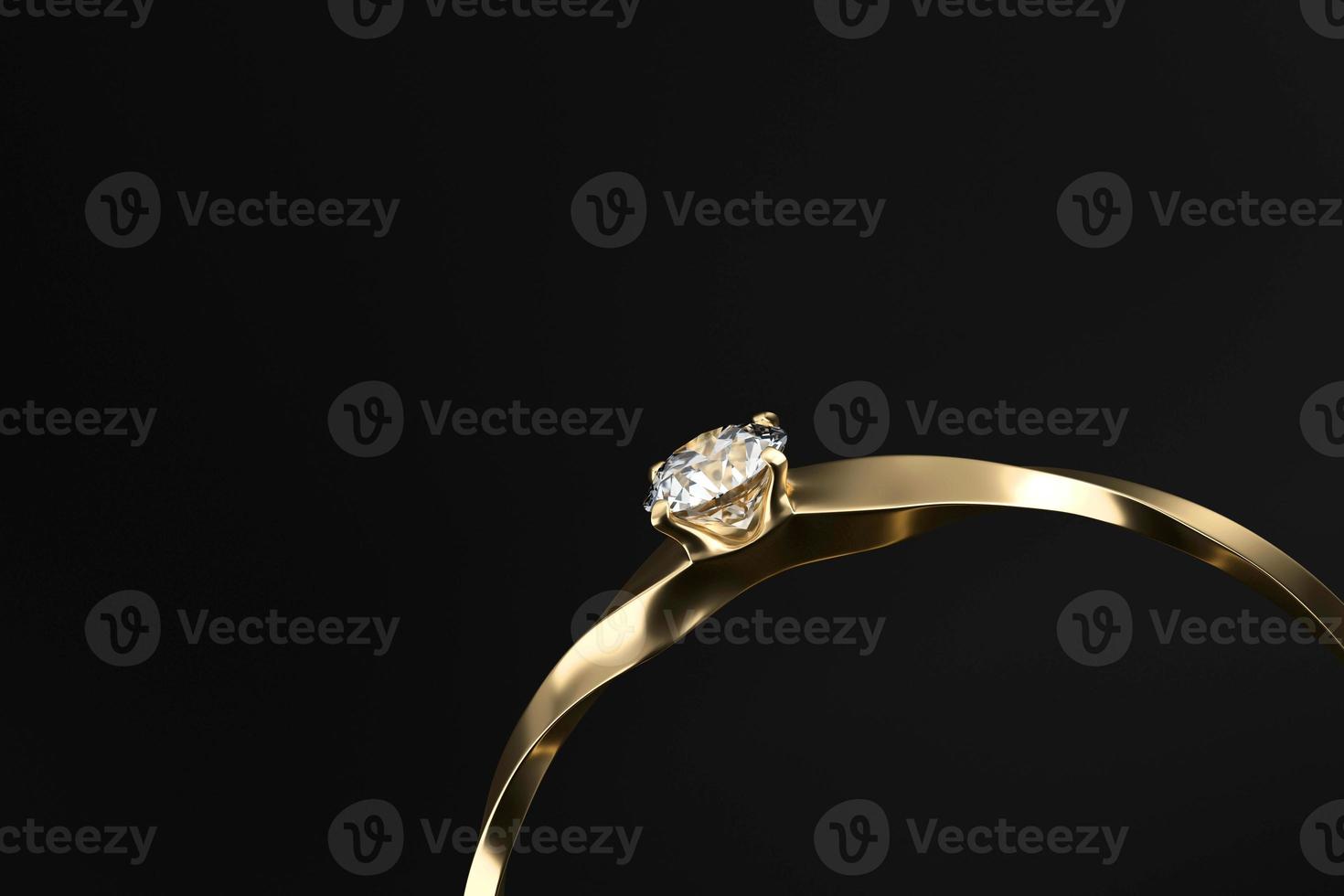 sectie van gouden diamanten ring geïsoleerd op zwarte achtergrond met kopie ruimte, 3D-rendering foto