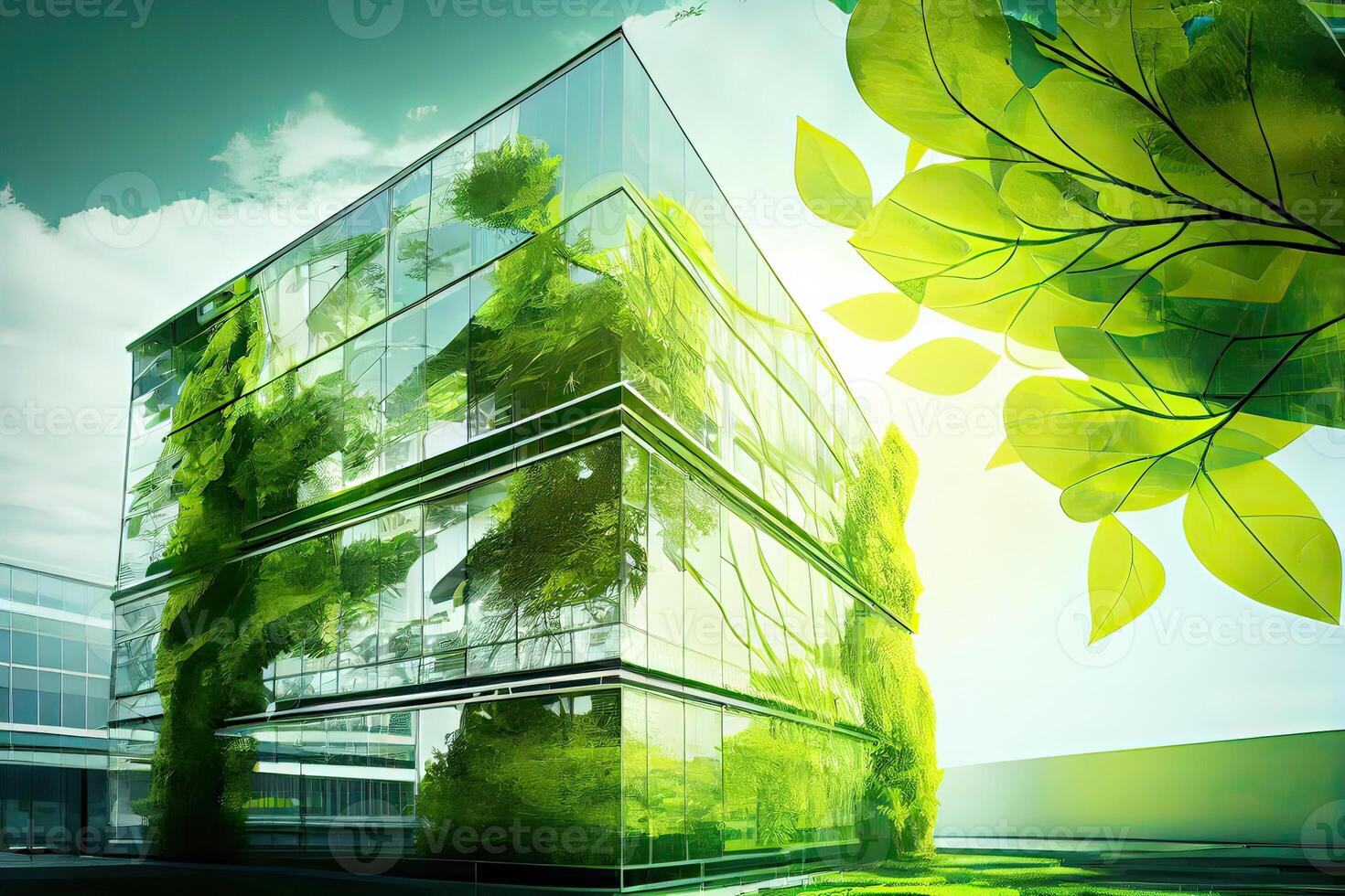 generatief ai illustratie van eco vriendelijk bouw in een hedendaags metropolis. een duurzame glas gebouw met groen boom takken en bladeren voor verlagen warmte en koolstof dioxide. foto