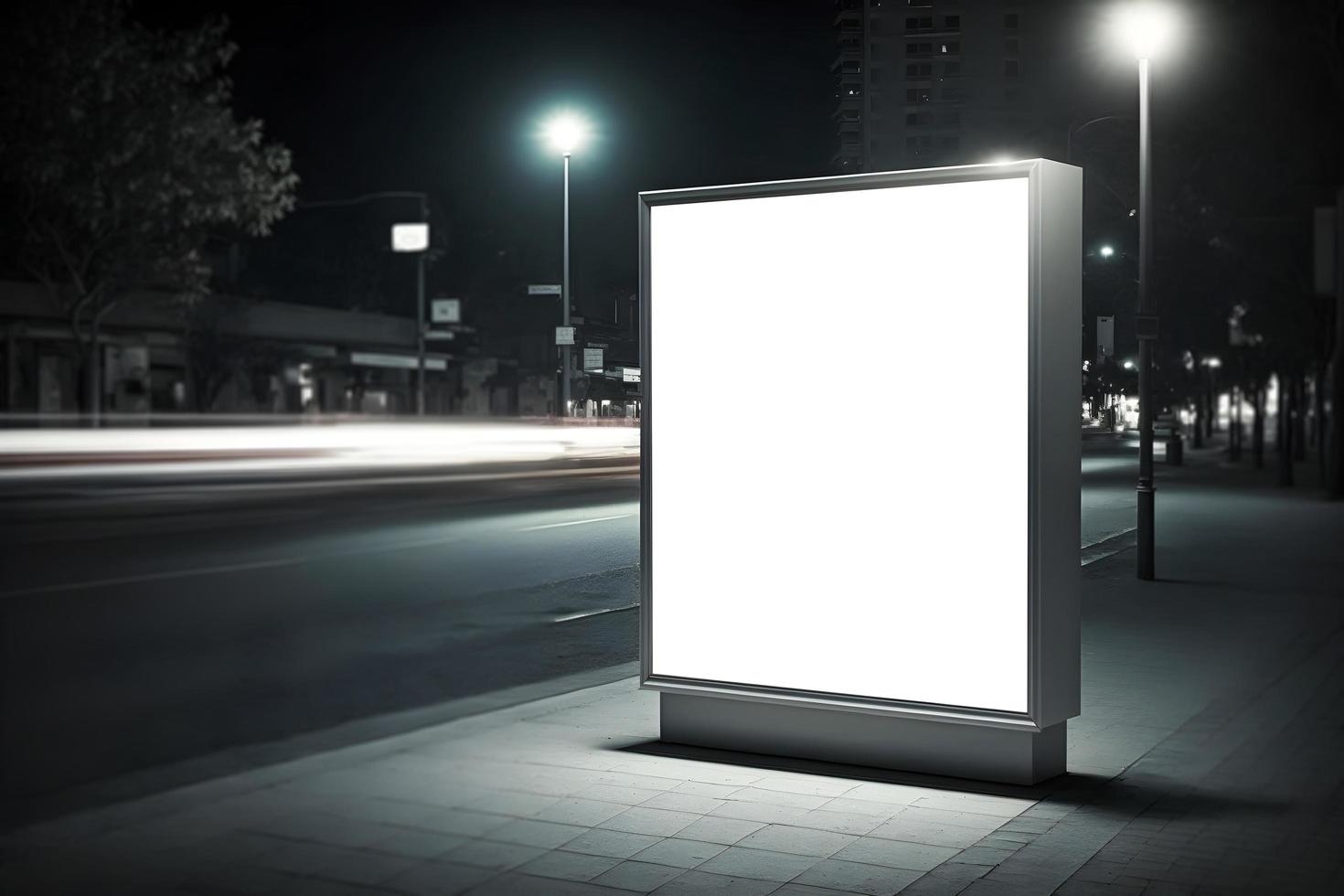 leeg ruimte advertentie bord, blanco wit uithangbord Aan langs de weg in stad, verticaal blanco aanplakbord in stad in nacht tijd, vrij foto