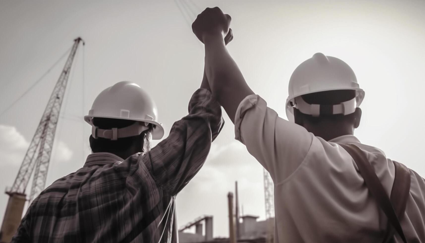 bouw arbeiders verhogen hun handen in de lucht arbeid dag, ai generatief foto