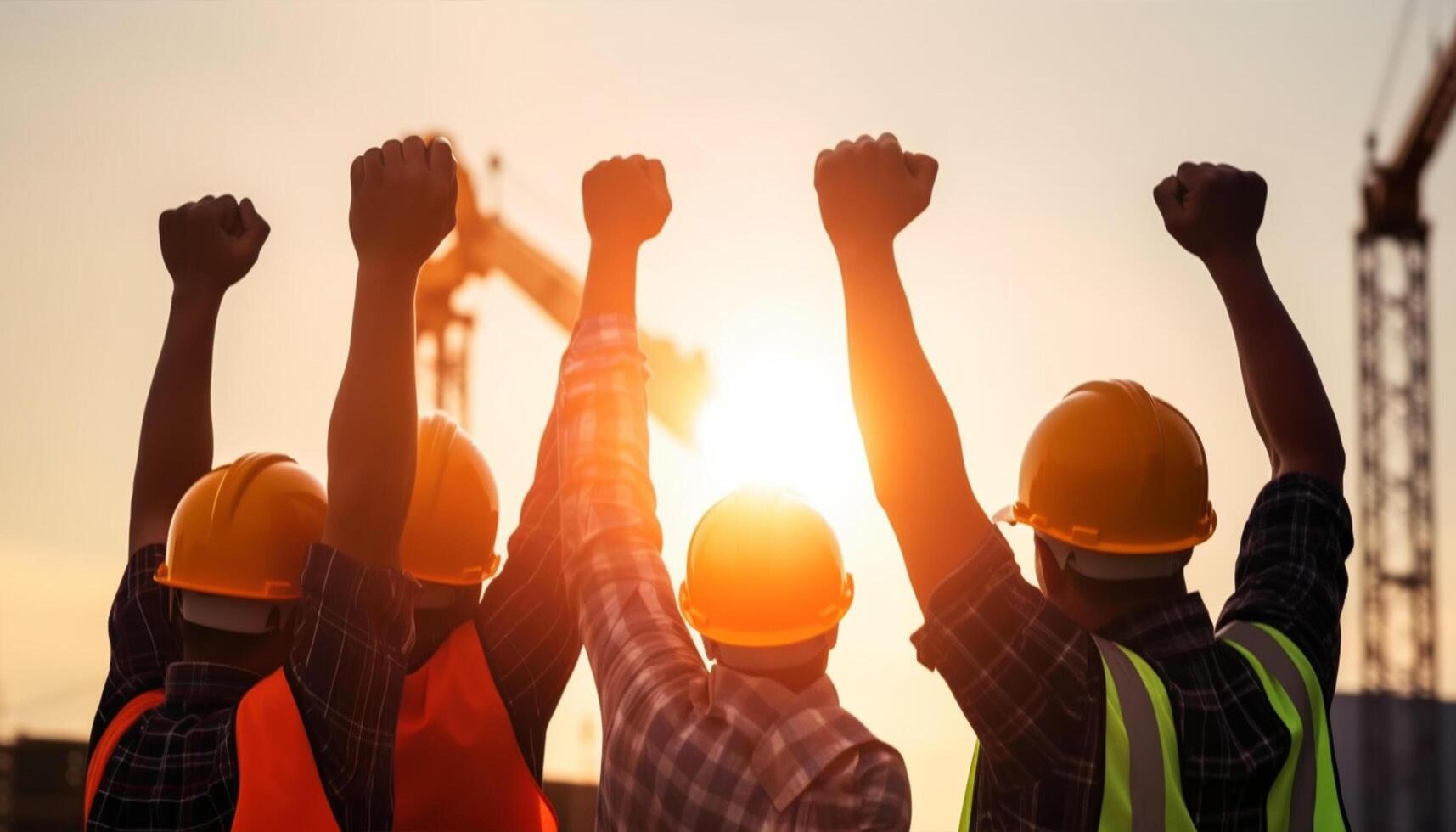 bouw arbeiders verhogen hun handen in de lucht arbeid dag, ai generatief foto