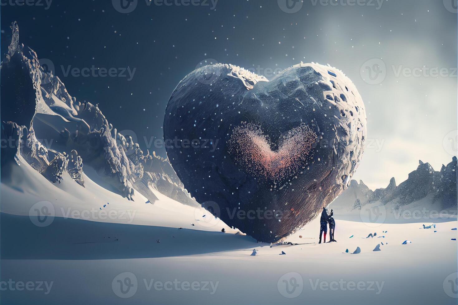 generatief ai illustratie van een sneeuwstorm van liefde. paar zoenen in sneeuw. groot hart. liefde en Valentijn dag concept. neurale netwerk gegenereerd kunst. digitaal gegenereerd afbeelding. foto