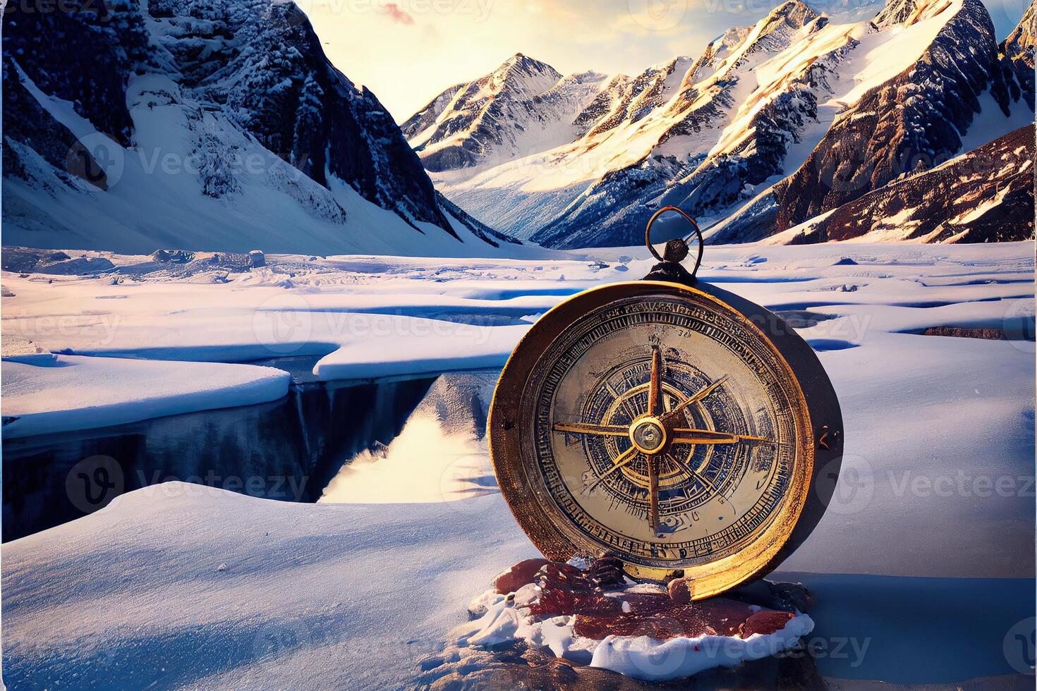 generatief ai illustratie van winter landschap, bevroren berg rivieren en hellingen van bergen in de sneeuw, oude antiek kompas in de sneeuw foto