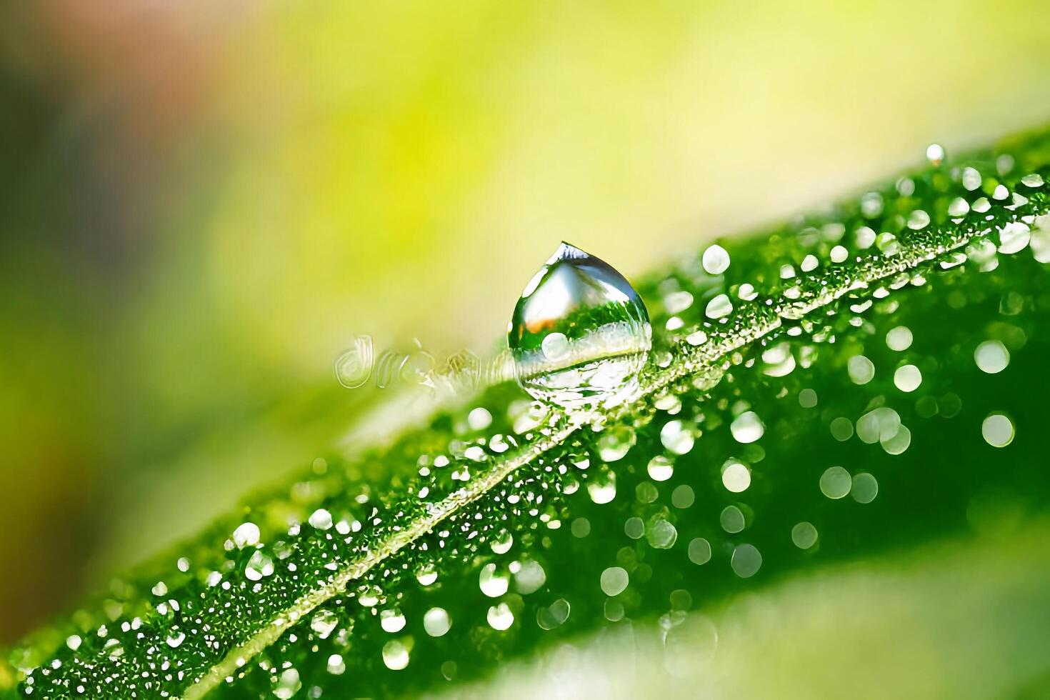 water druppels fonkeling Aan blad in zonlicht met ai gegenereerd. foto