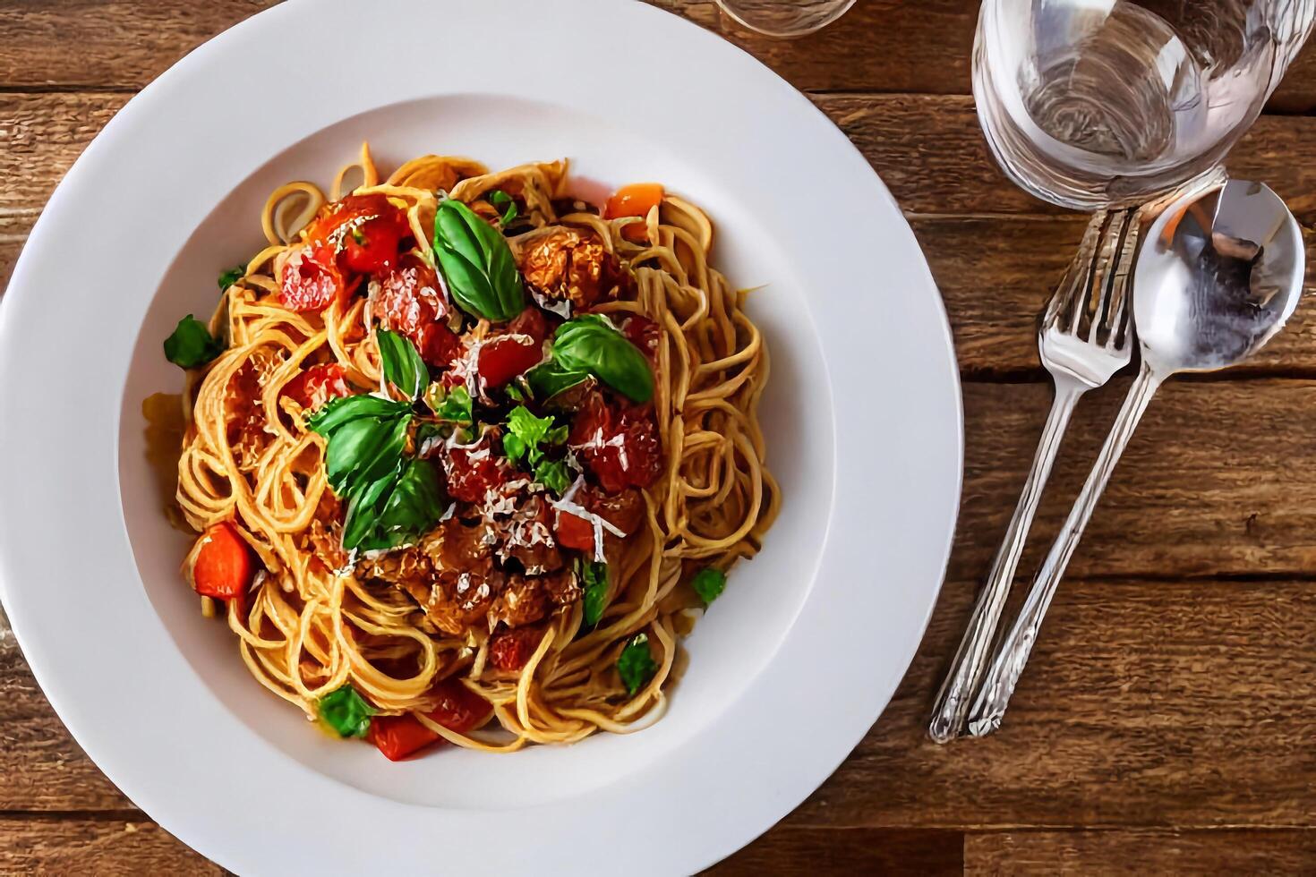 spaghetti Aan de schotel met ai gegenereerd foto