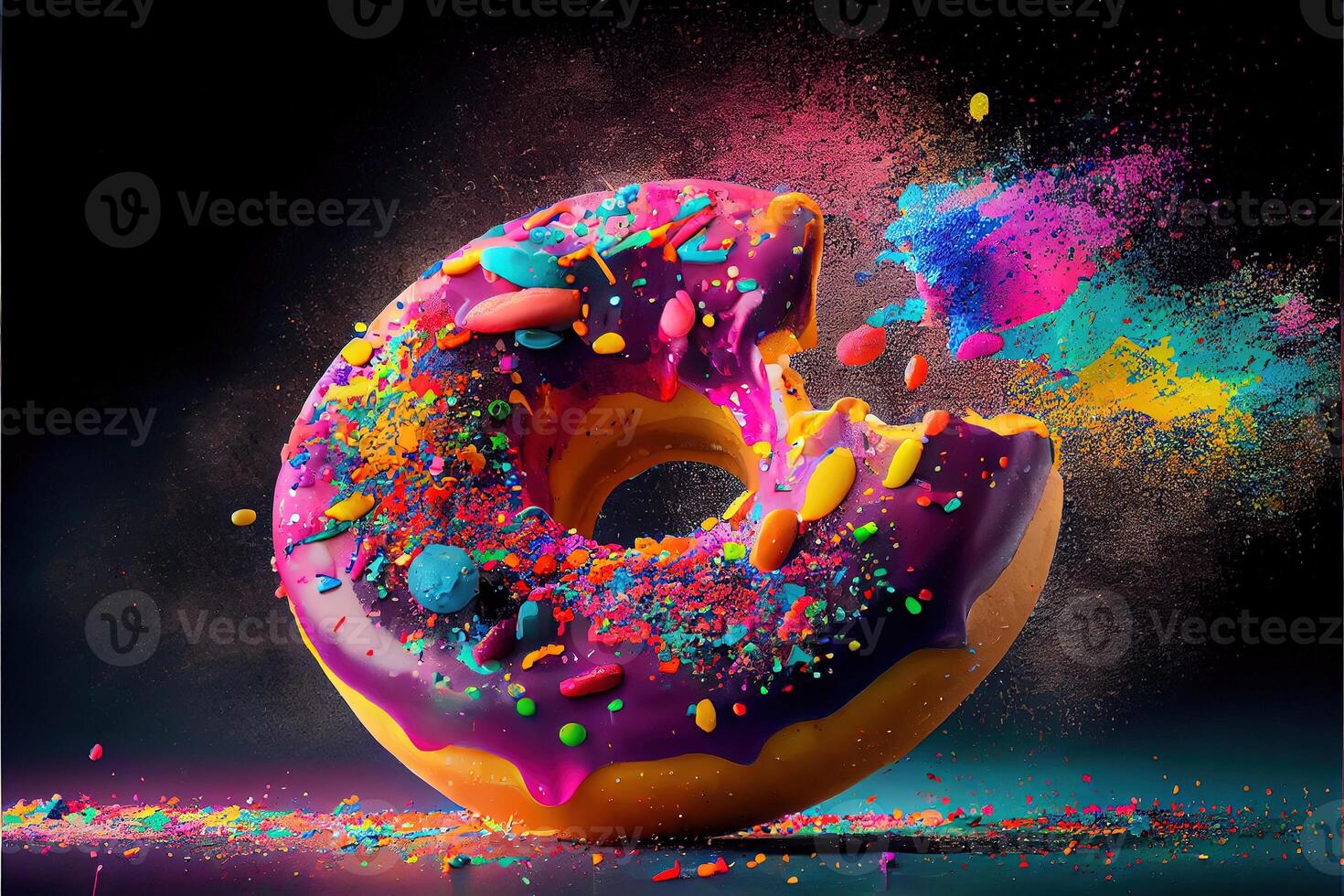 generatief ai illustratie van trippy donut collage gedetailleerd levendig kleuren, spatten, reusachtig glinsterend donut , drijvend in vrij ruimte, pastel terug druppel. digitaal gegenereerd beeld foto