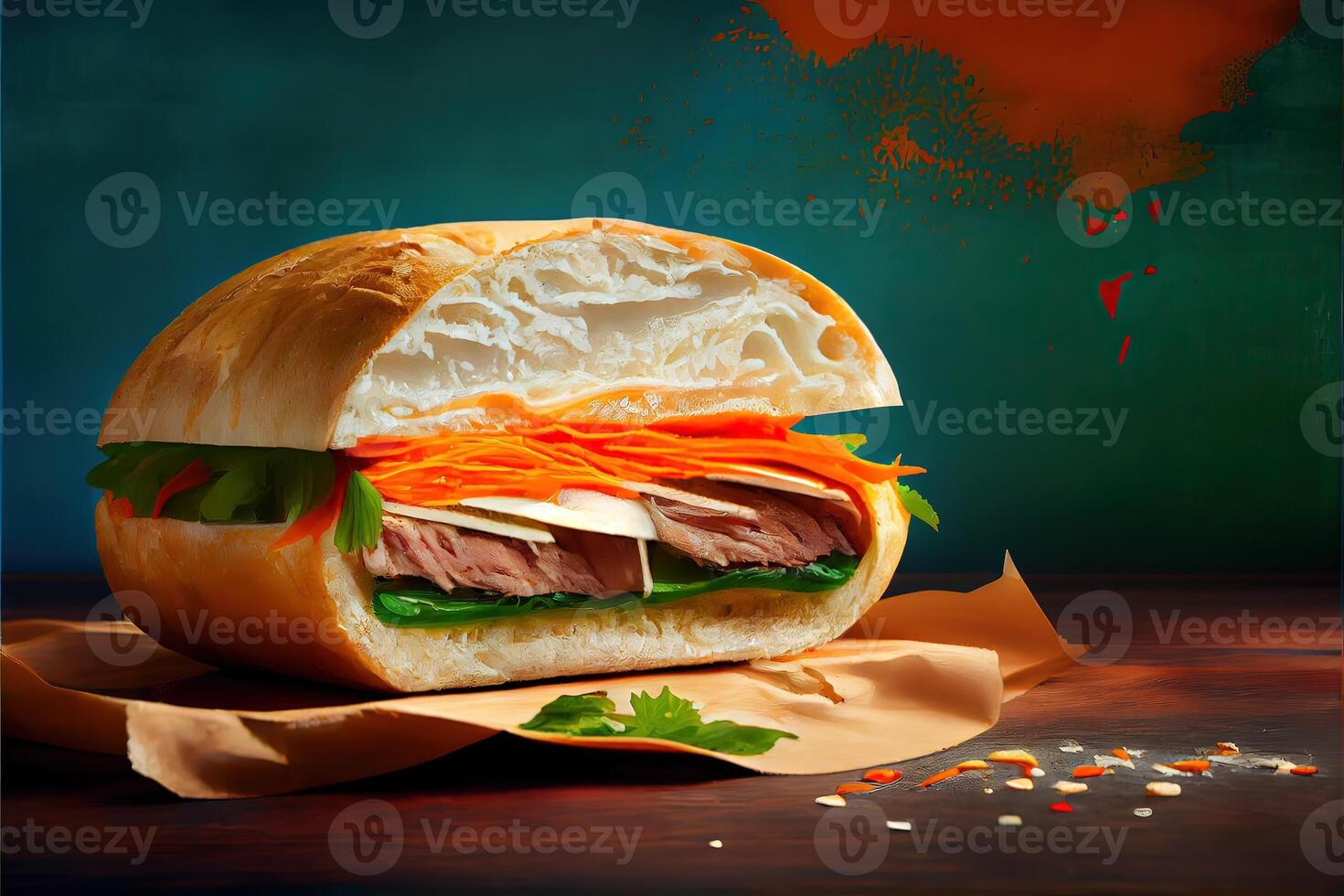 generatief ai illustratie van banh mi Vietnam brood, voedsel, studio, aziatisch, Vietnamees belegd broodje , Vietnamees voedsel, kopiëren ruimte foto
