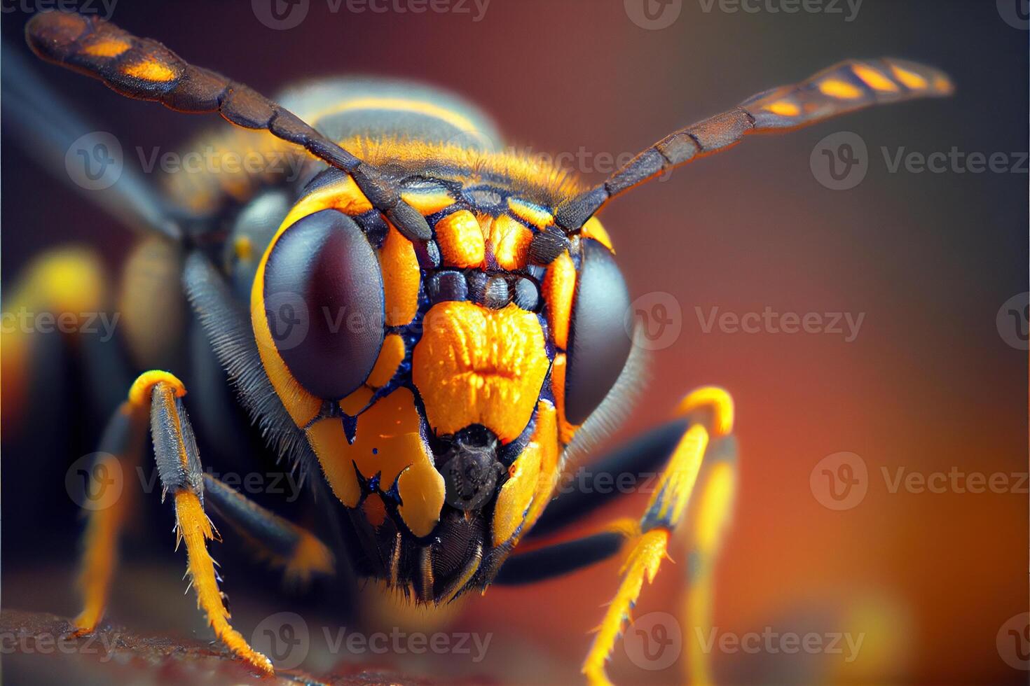 generatief ai illustratie van super macro portret van een wesp Aan een zwart achtergrond. volledige gezicht macro fotografie. groot diepte van veld- en een veel van details van de insect. foto