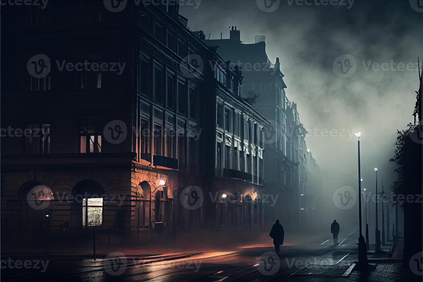 generatief ai illustratie van donker somber leeg straat met rook, smog foto