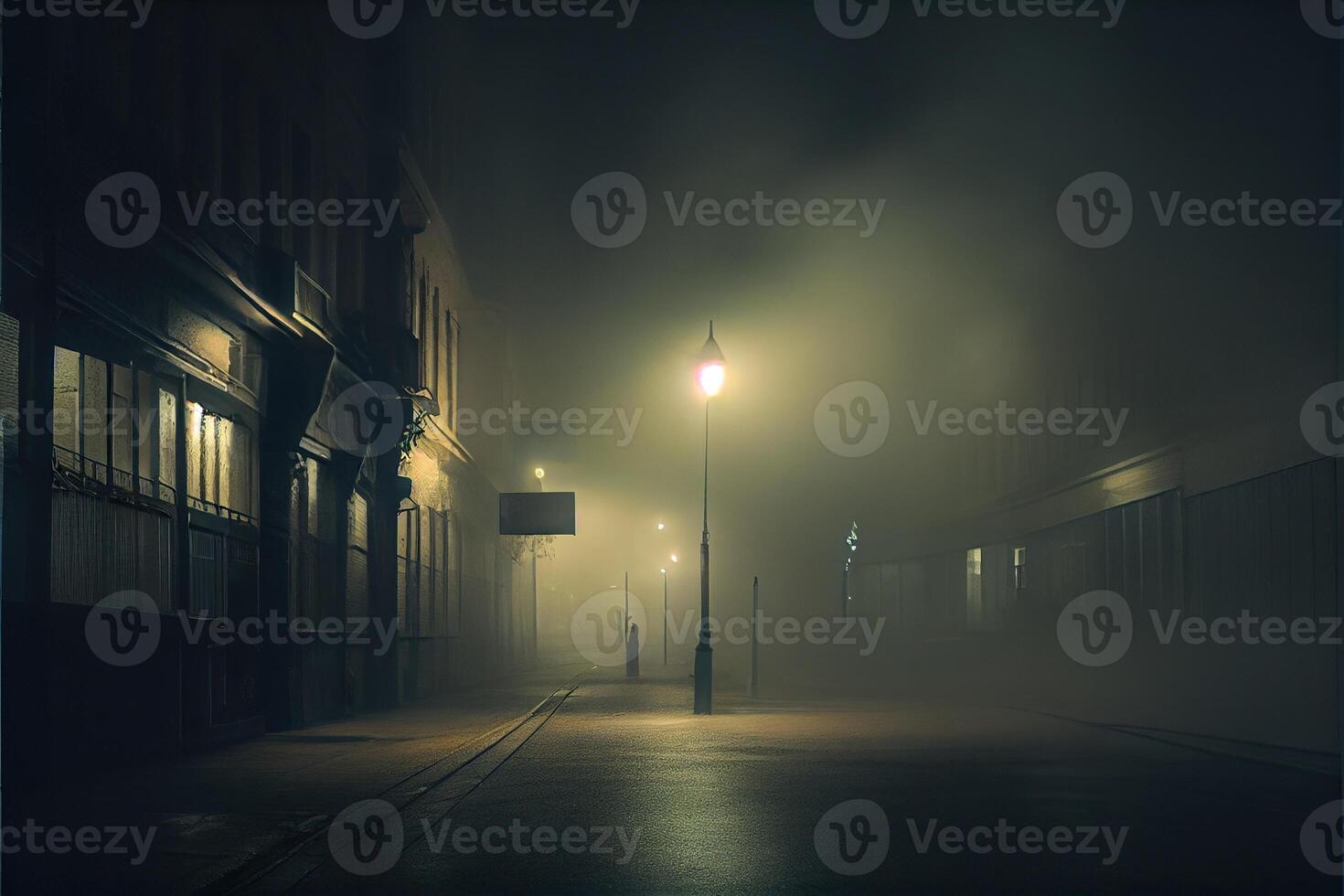 generatief ai illustratie van donker somber leeg straat met rook, smog foto