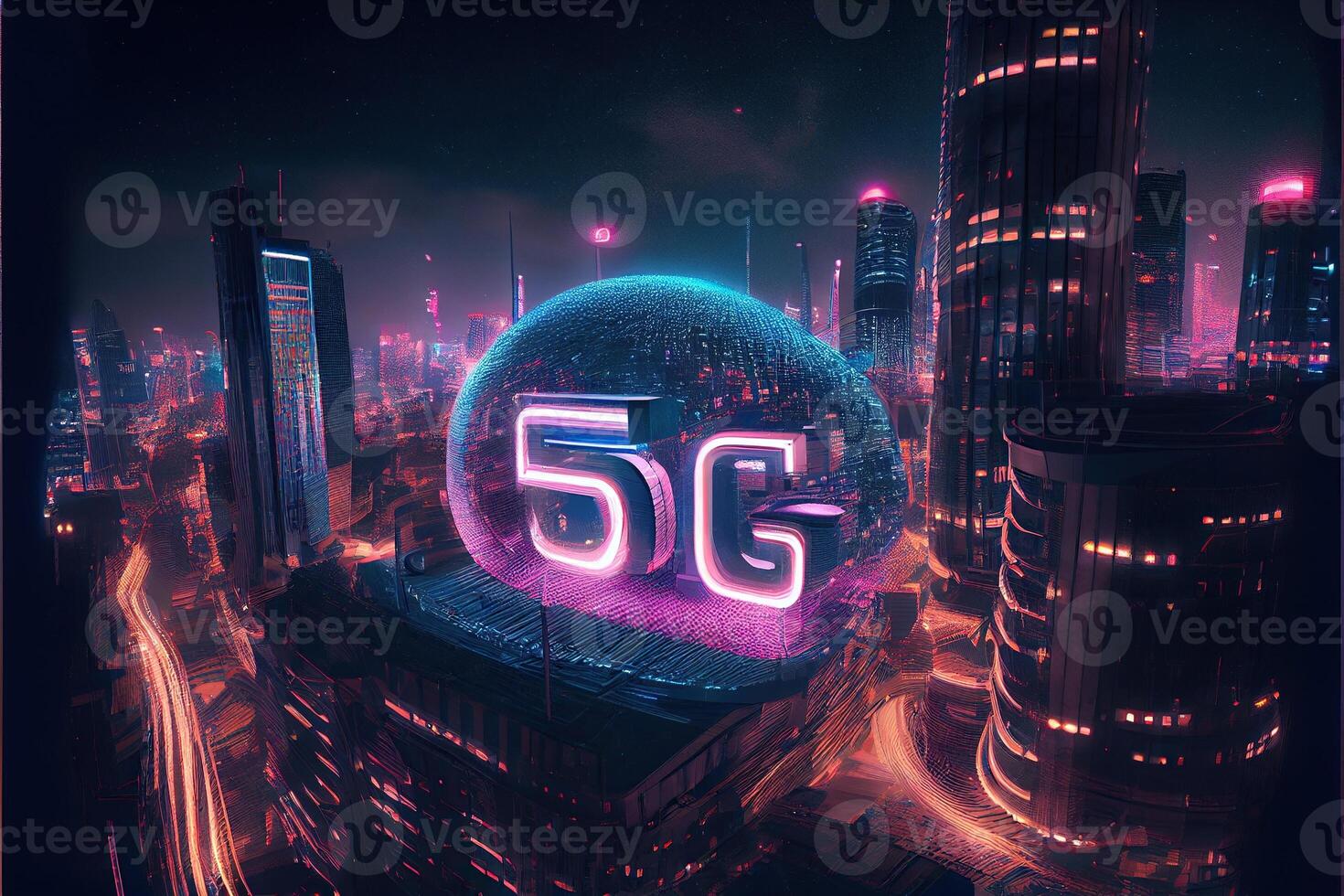 generatief ai illustratie van futuristische stad Bij nacht, 5g internet netwerk draadloze systemen en internet van dingen, slim stad en communicatie netwerk concept. foto