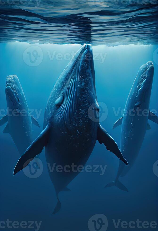 generatief ai illustratie van familie blauw walvis onder water, oceaan foto