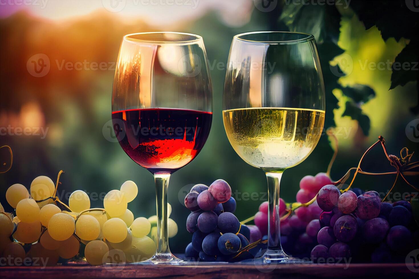 generatief ai illustratie van bril van rood en wit wijn en rijp druiven Aan tafel in wazig wijngaard foto