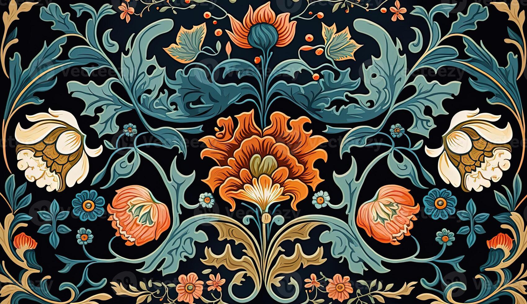 generatief ai, bloemen kleurrijk patroon. William morris geïnspireerd natuurlijk planten en bloemen achtergrond, wijnoogst illustratie. volk stijl foto