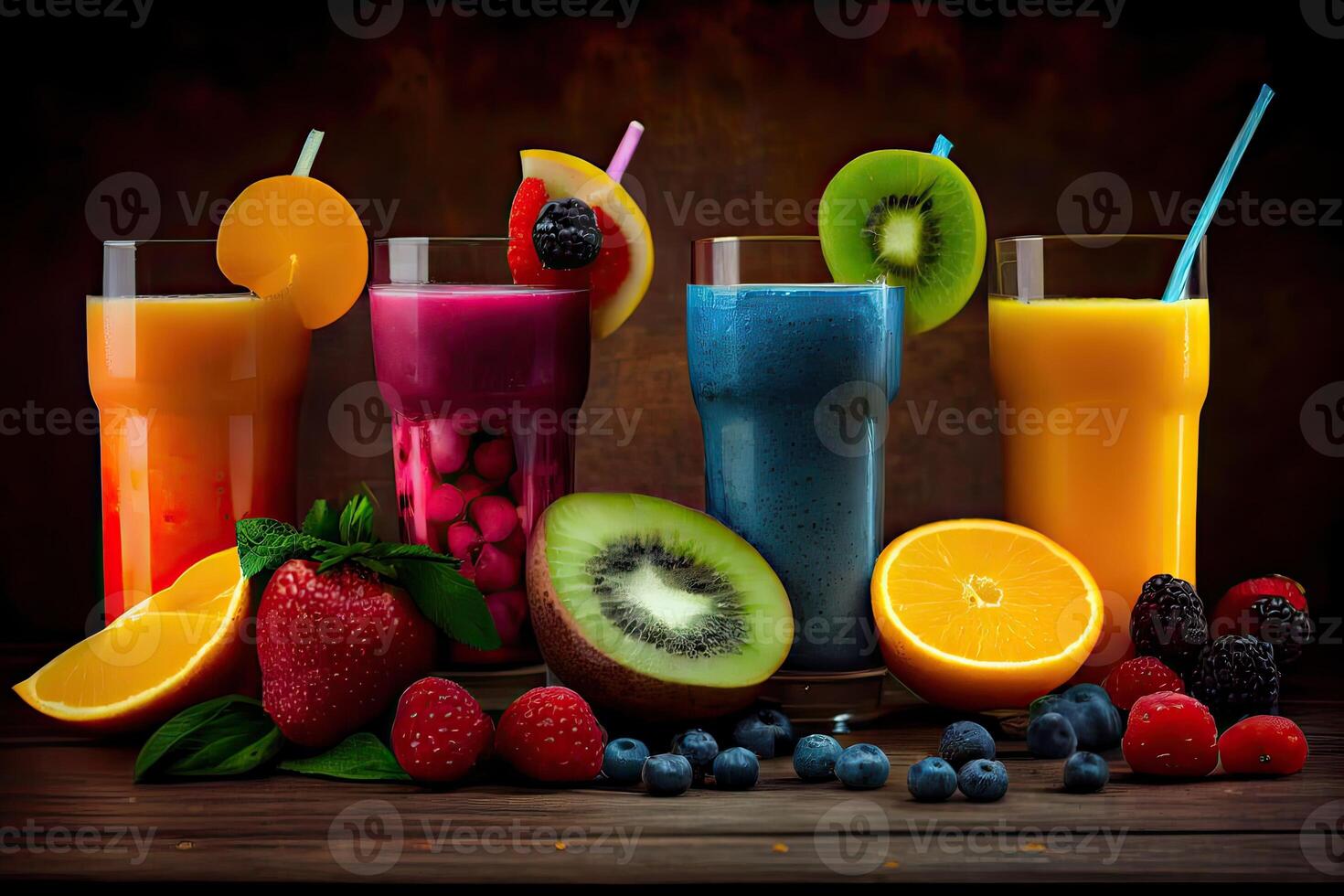 generatief ai illustratie van smoothies en sappen gemaakt van een verscheidenheid van vers fruit van de tropen. schoon aan het eten, een gezond eetpatroon, en vitamine doordrenkt dranken zijn concepten, wazig achtergrond foto