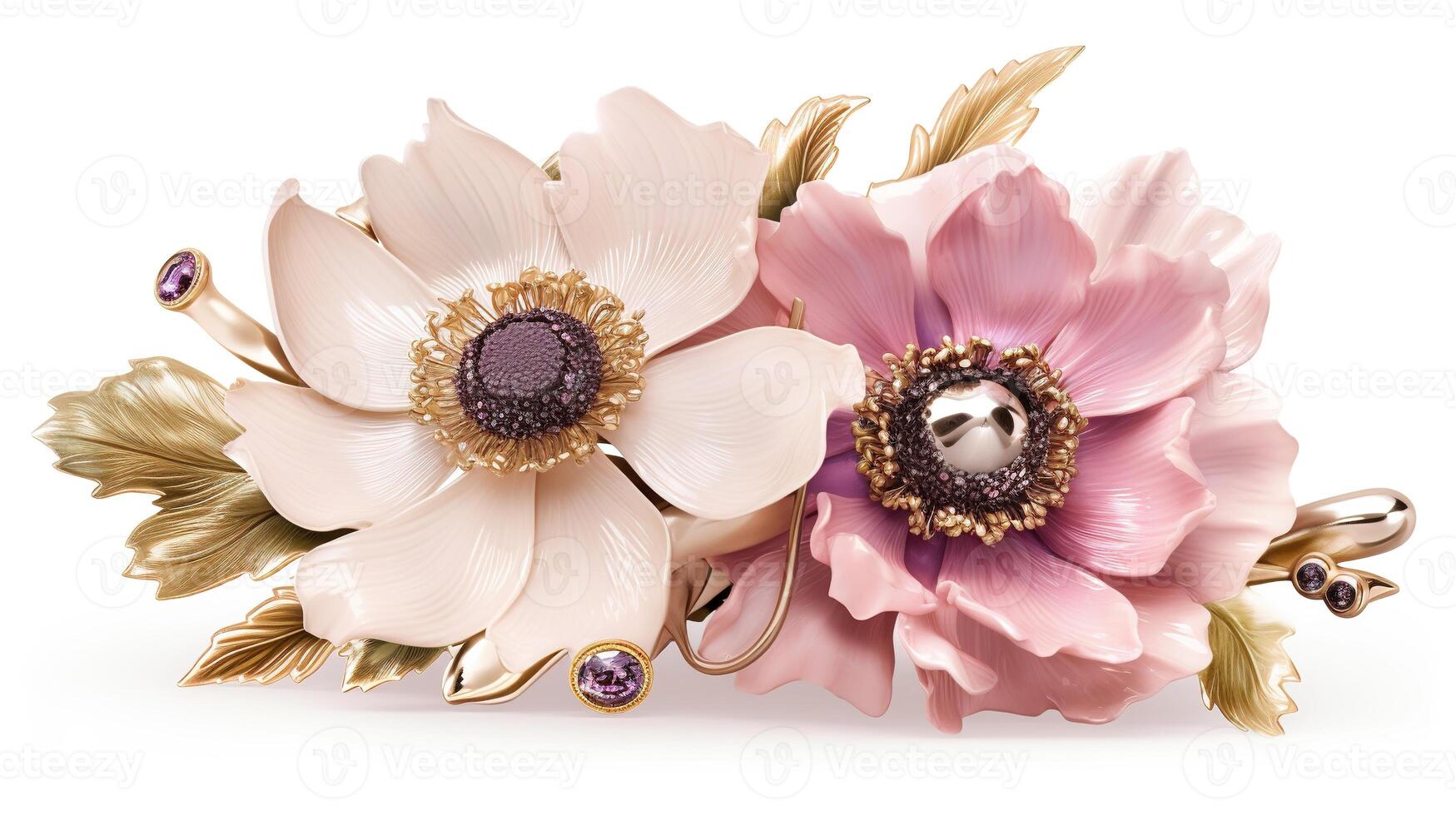 generatief ai, mooi licht roze bloemen broche, opaal steen en gouden kleur palet geïsoleerd Aan wit achtergrond. bijouterie, sieraden dichtbij omhoog foto