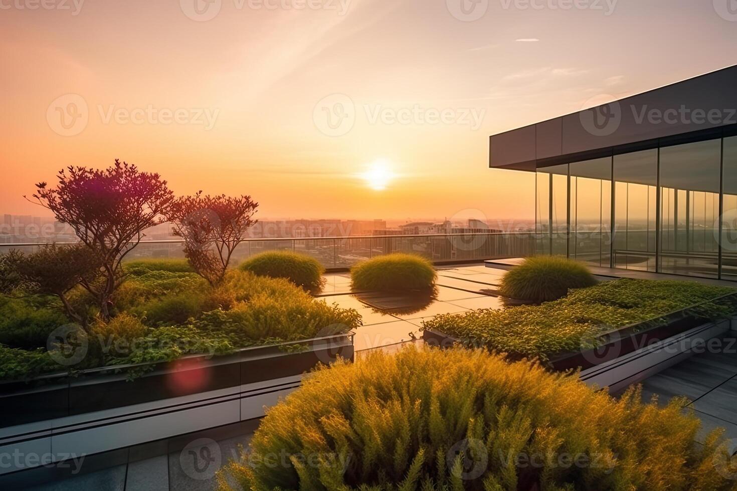 generatief ai illustratie van prachtig tuin Aan de op het dak van een hedendaags glas kantoor gebouw in Azië foto