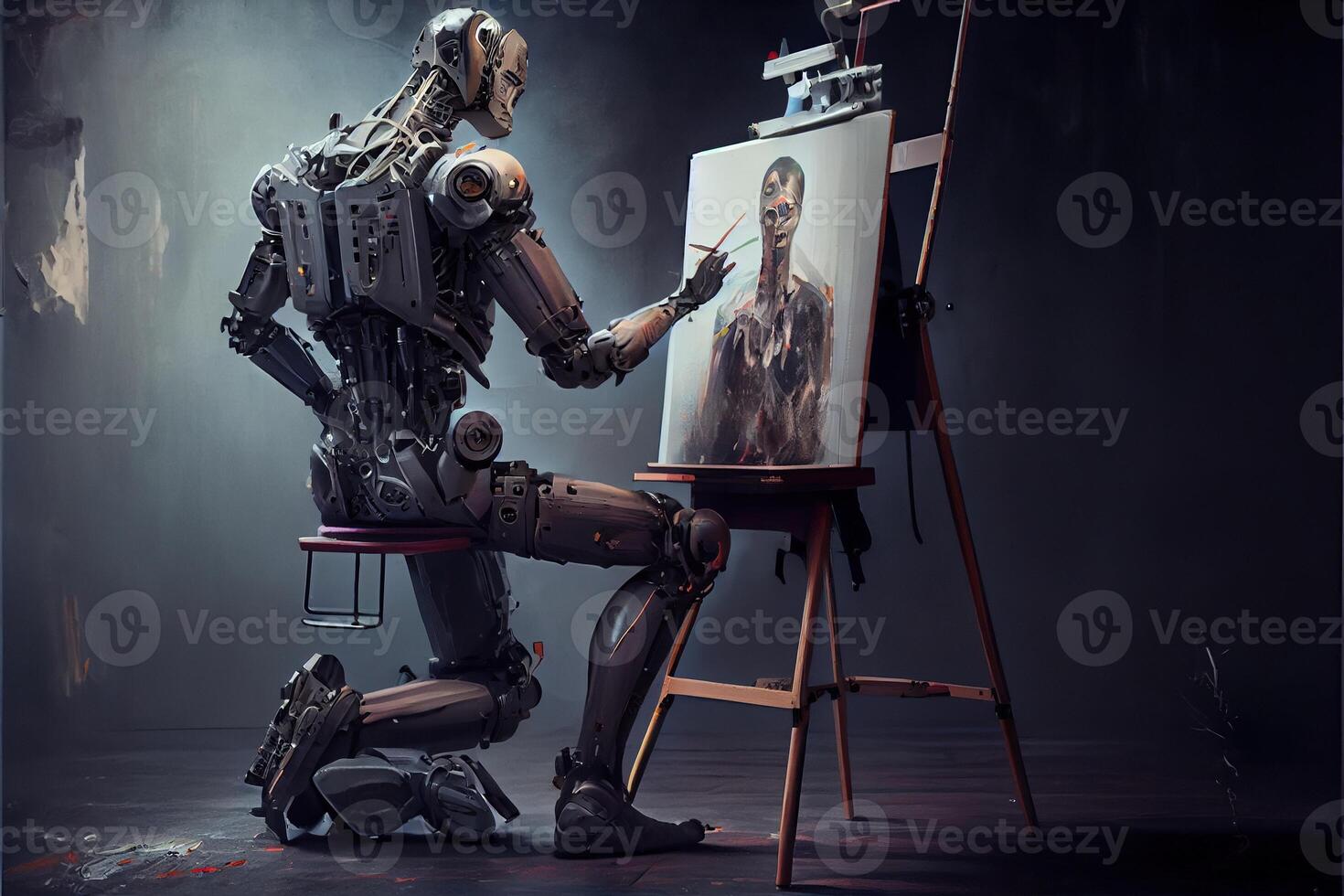 generatief ai illustratie van cyborg ai robot artiest in donker studio De volgende naar zijn ezel, schilderij en verven terwijl werken, neurale netwerk gegenereerd kunst. digitaal schilderen, gegenereerd afbeelding. foto