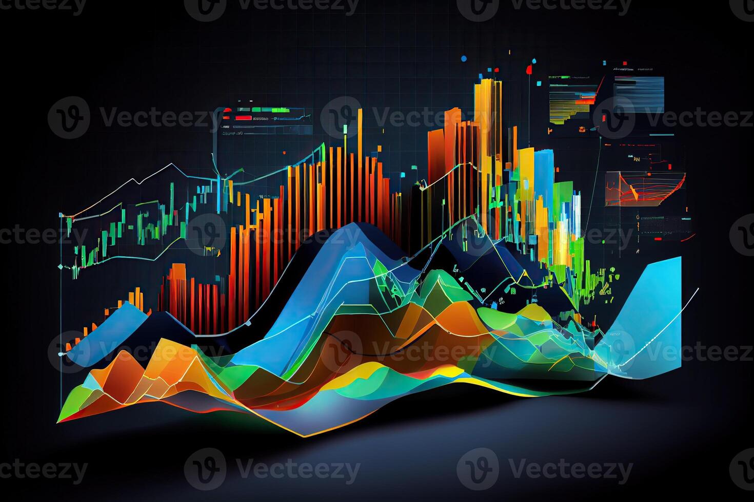 generatief ai illustratie van crypto markt gegevens, grafiek, silhouet crypto valuta markt, isometrisch, kleurrijk helling achtergrond foto