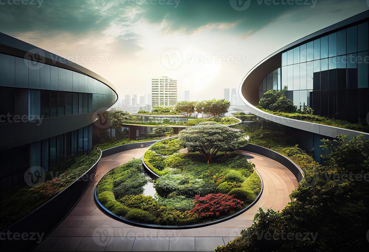 generatief ai illustratie van prachtig tuin Aan de op het dak van een hedendaags glas kantoor gebouw in Azië foto