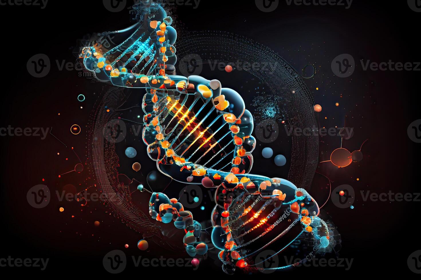 generatief ai illustratie van dna molecuul samenstelling. dubbele schroef van dna. menselijk genoom cel genetisch biotechnologie studie. genetisch bouwkunde Onderzoek en analyse in wetenschap laboratoria foto