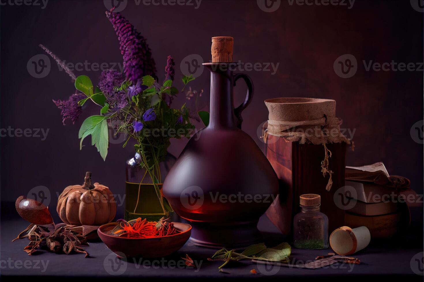 generatief ai illustratie van de ingrediënten van een bloem vaas geregeld voor een heks kookboek. kruiden, flessen, flesjes, terracotta menging pot foto