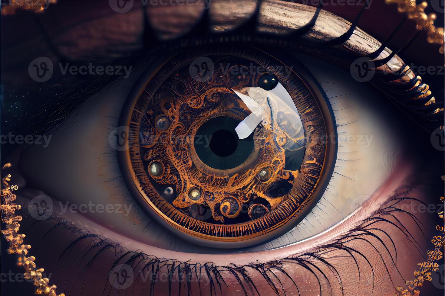 generatief ai illustratie van uurwerk in een oog, tijdelijk visie, dichtbij focus foto